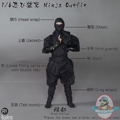 1/6 Scale Ninja Outfit Black for 12 inch Figures Reload Action
